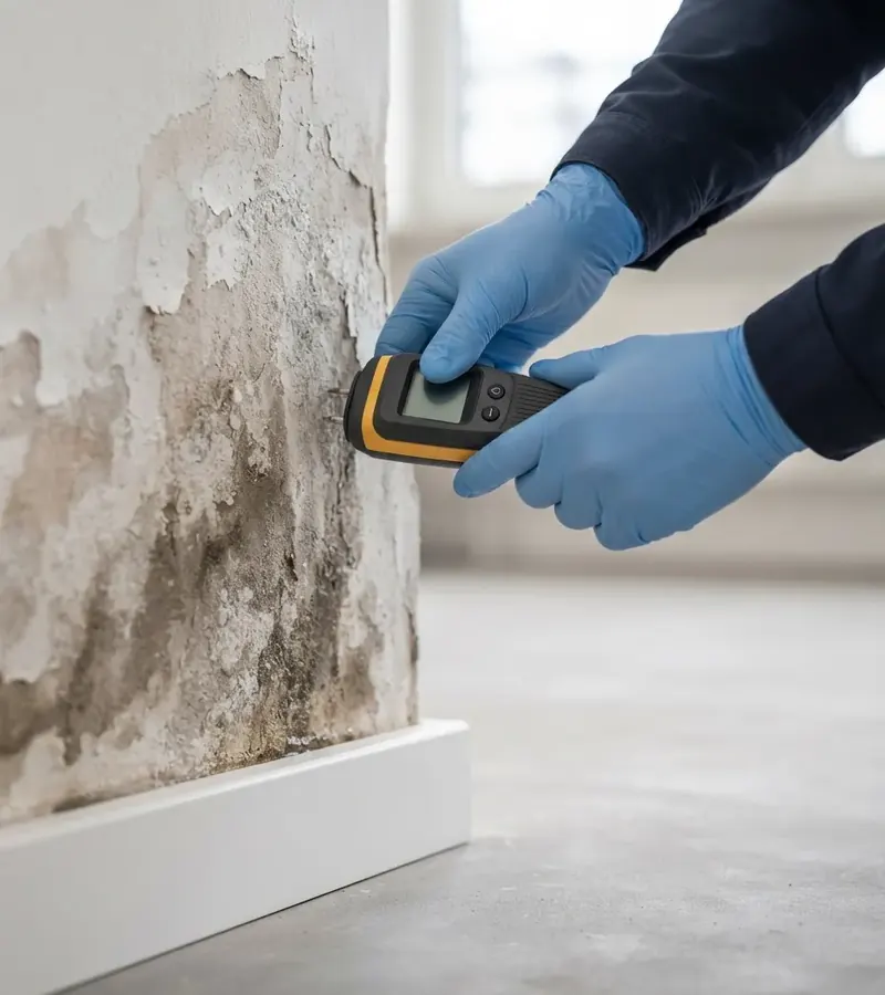 Técnico midiendo la humedad en la parte baja de una pared en La Solana