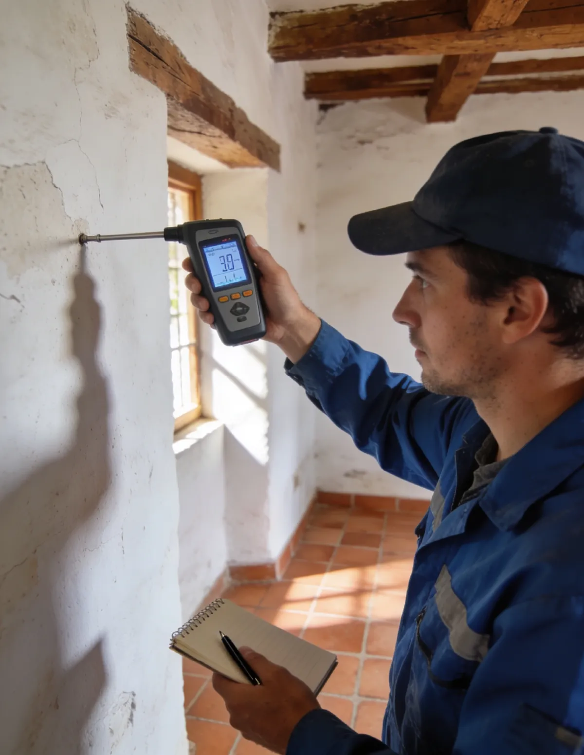 Técnico HUMIX midiendo la humedad de un muro antiguo en La Solana